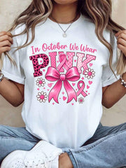 In October We Wear Pink Shirt Women Breast Cancer Awareness Graphic Tee Casual Short Sleeve Top Fall Fashion Gift