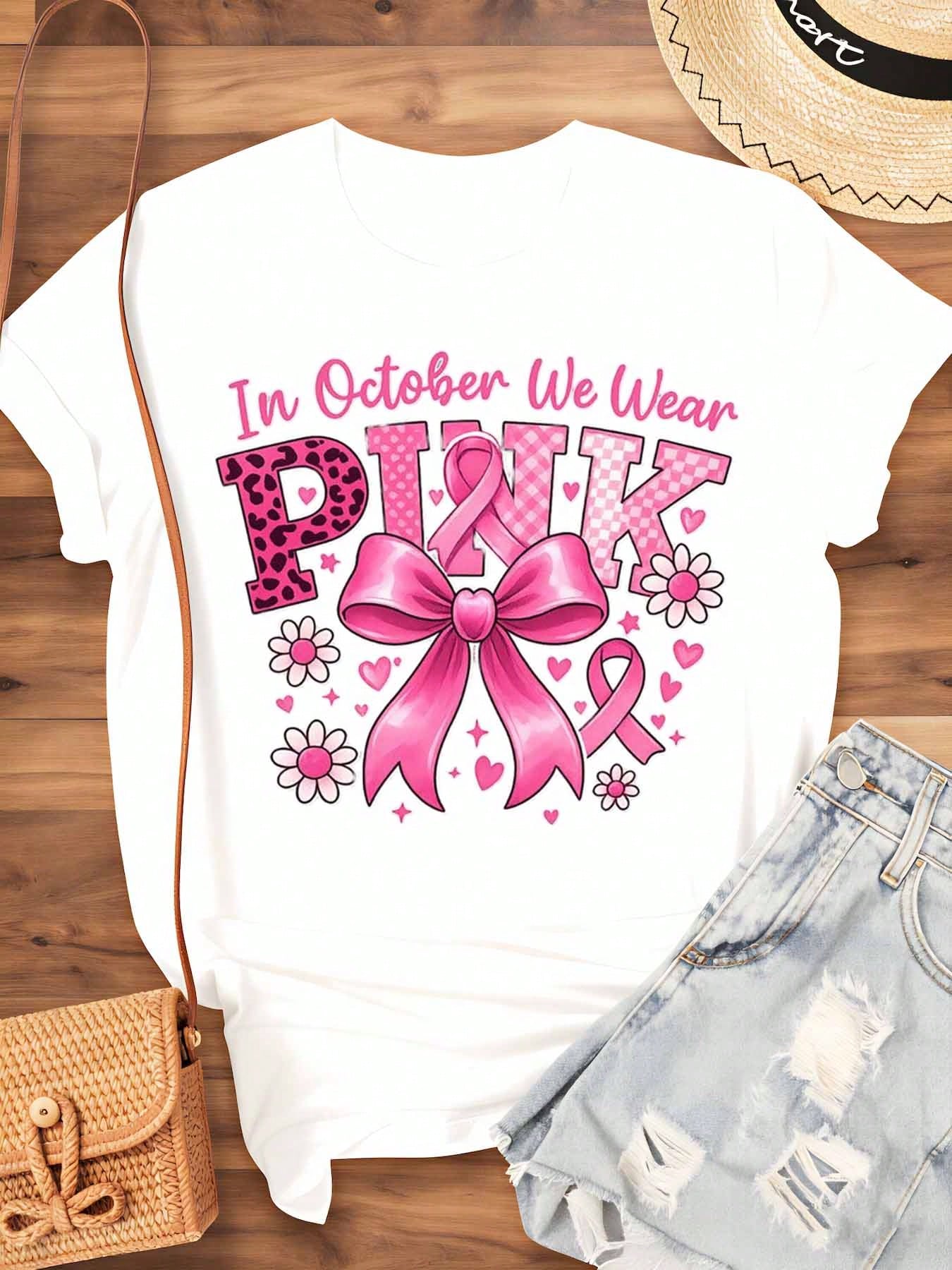 In October We Wear Pink Shirt Women Breast Cancer Awareness Graphic Tee Casual Short Sleeve Top Fall Fashion Gift