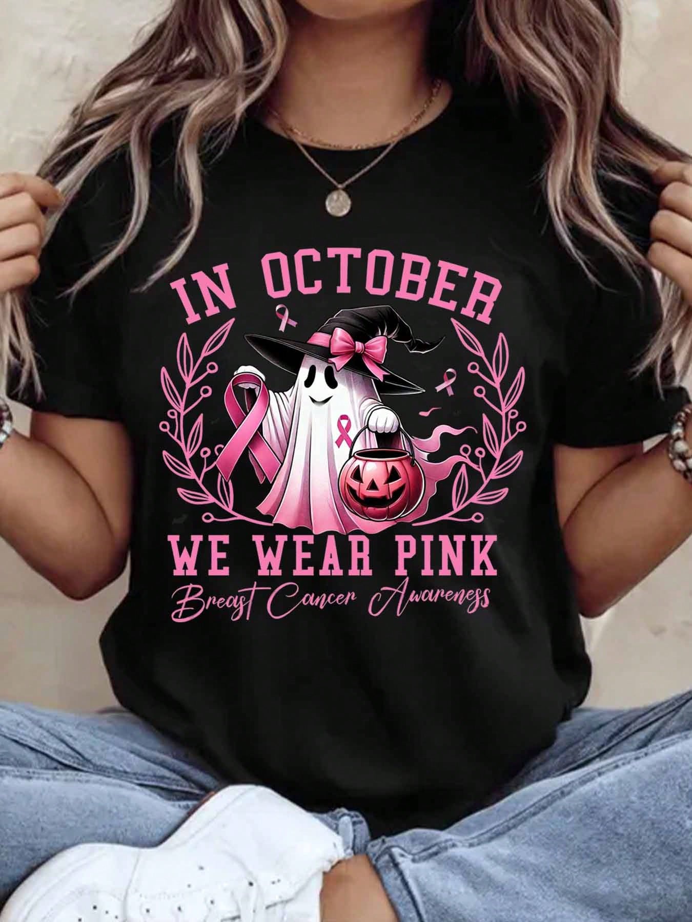 In October We Wear Pink Breast Cancer Awareness Halloween Ghost Witch Shirt Women Funny Autumn Festival Graphic Tee Top