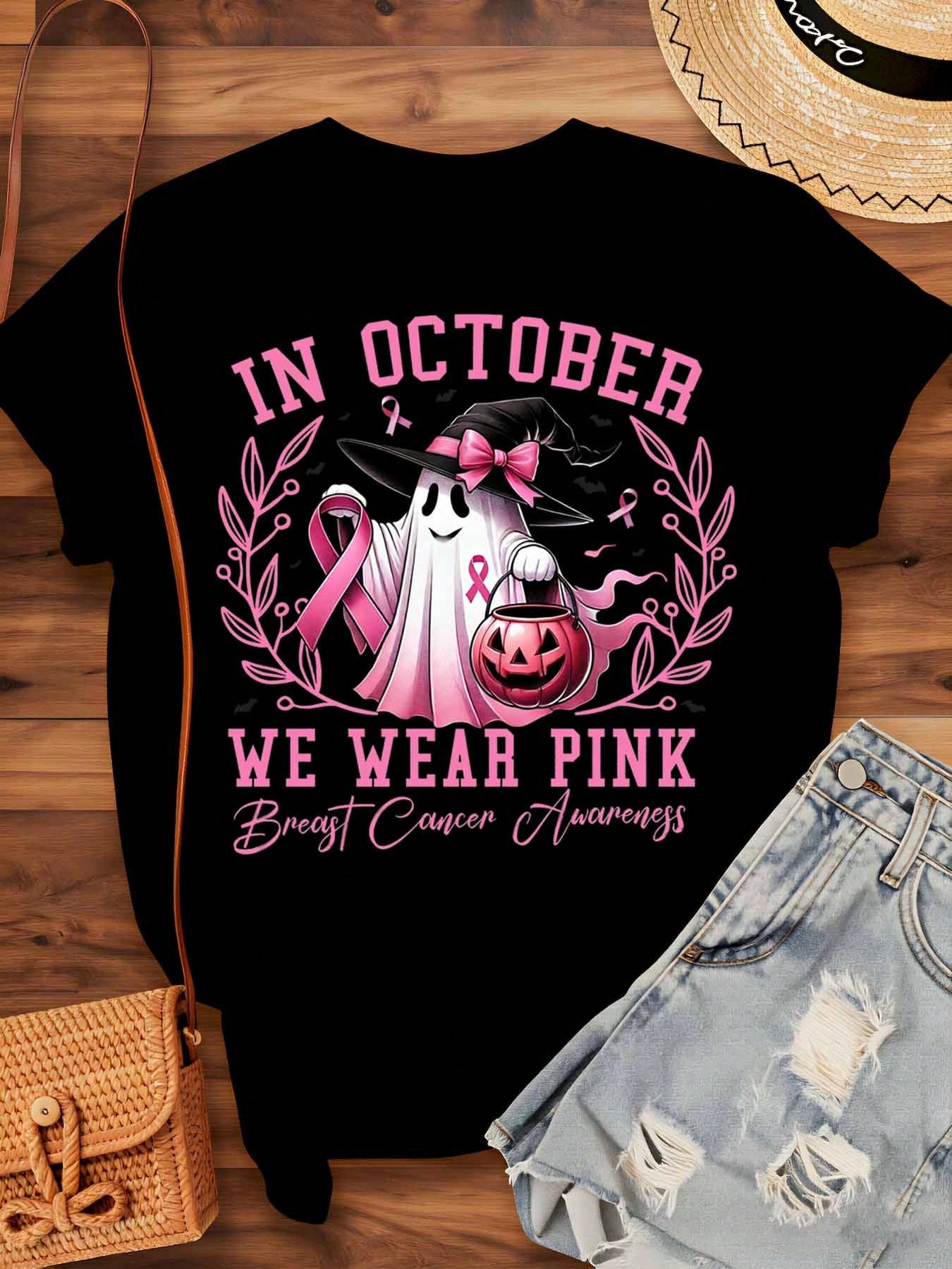 In October We Wear Pink Breast Cancer Awareness Halloween Ghost Witch Shirt Women Funny Autumn Festival Graphic Tee Top