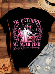 In October We Wear Pink Breast Cancer Awareness Halloween Ghost Witch Shirt Women Funny Autumn Festival Graphic Tee Top