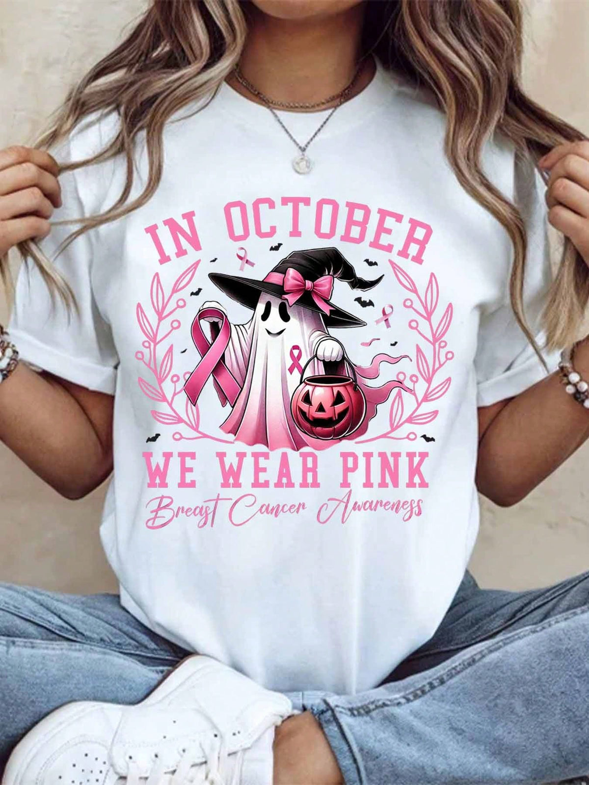 In October We Wear Pink Breast Cancer Awareness Halloween Ghost Witch Shirt Women Funny Autumn Festival Graphic Tee Top