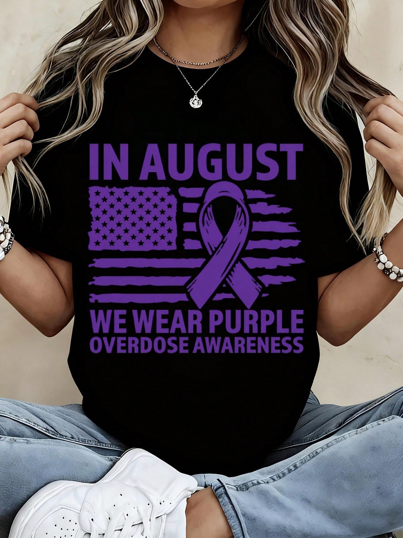Women Casual T Shirt White In August We Wear Purple Overdose Awareness Ribbon American Flag Print Summer Streetwear Top