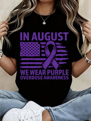 Women Casual T Shirt White In August We Wear Purple Overdose Awareness Ribbon American Flag Print Summer Streetwear Top