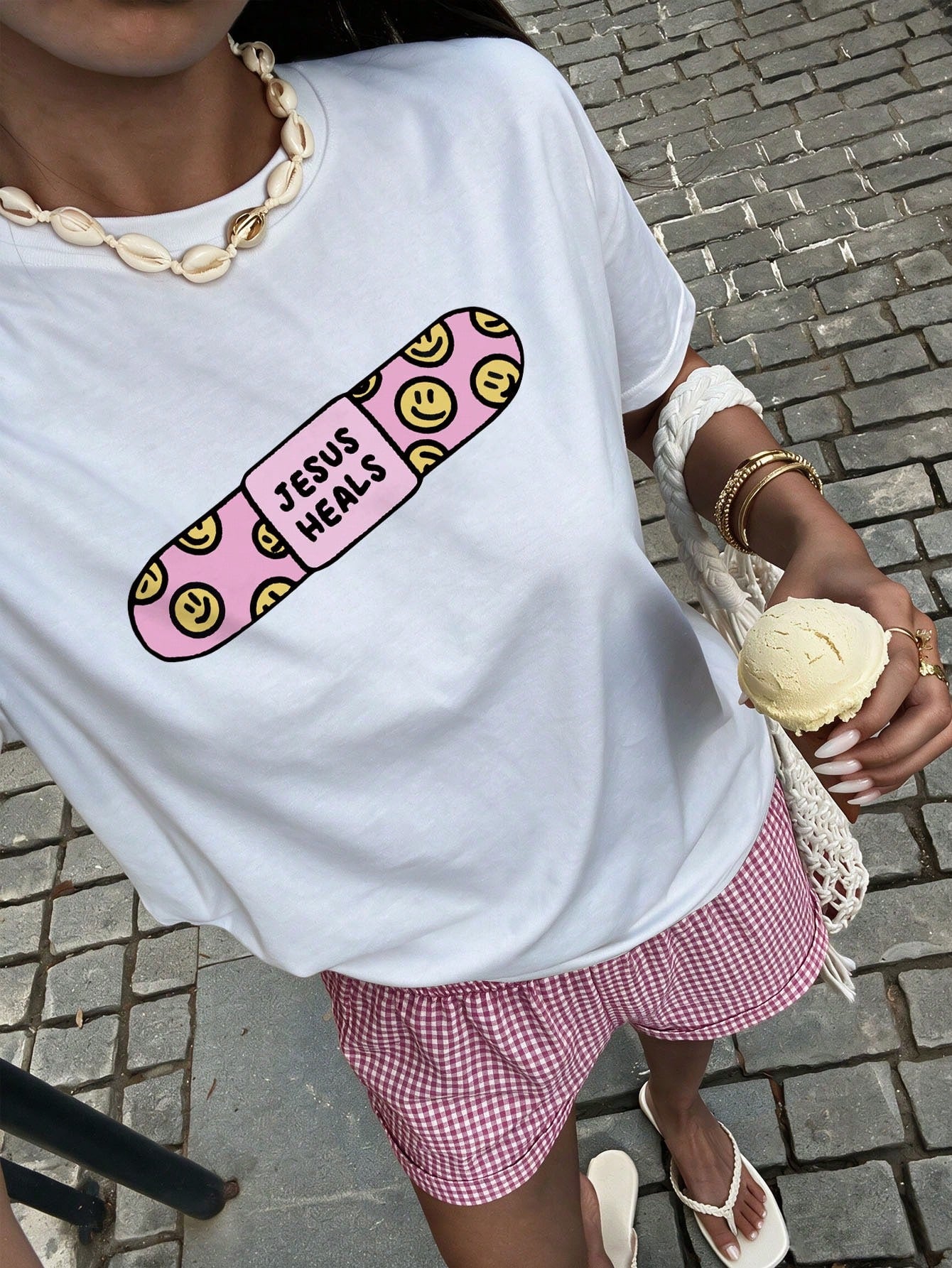 Women's Summer Casual Letter JESUS HEALS Print Loose Round Neck Short Sleeve T-Shirt , Women Top Graphic Tees Women Tops