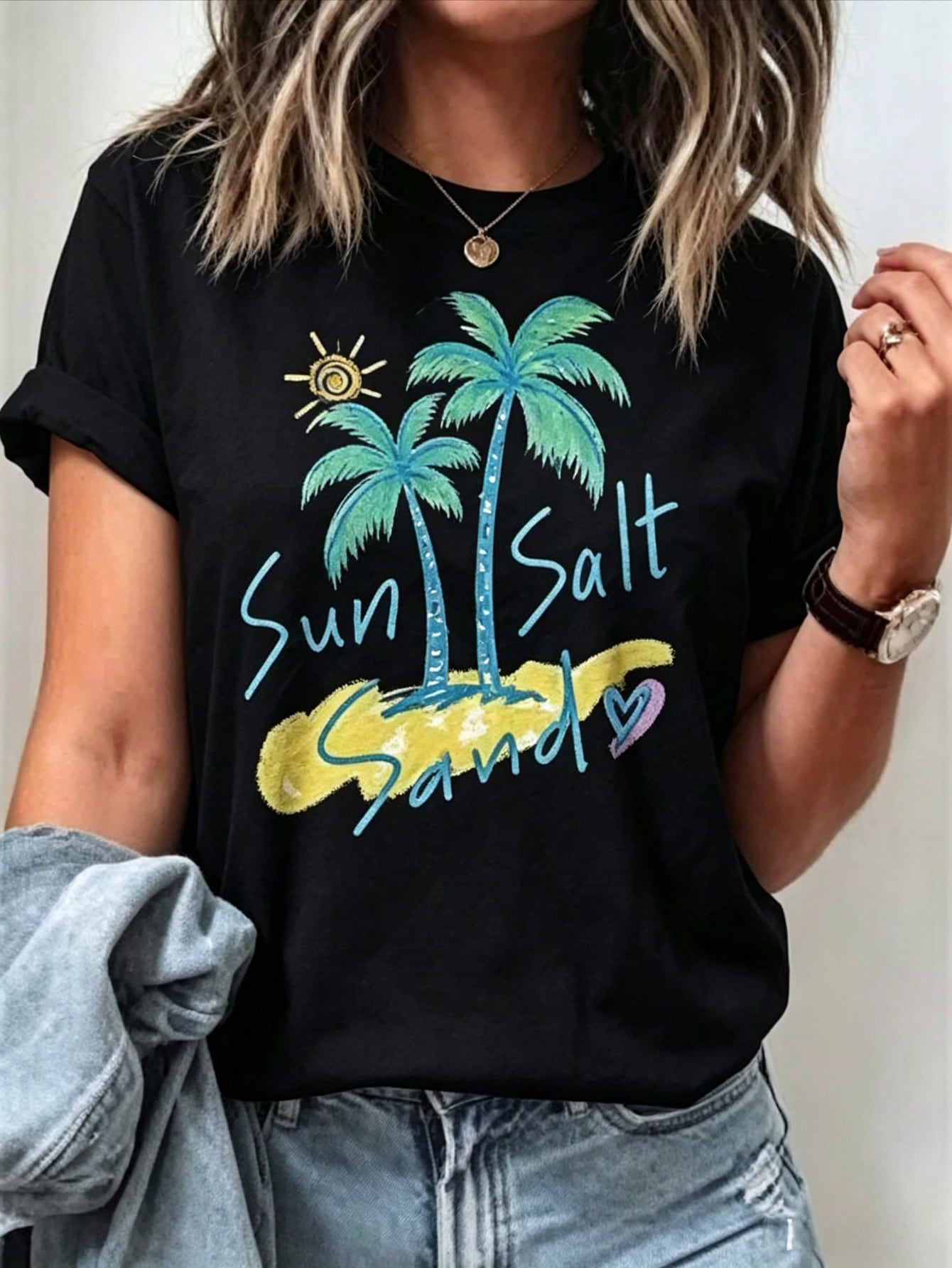 Women'S Tropical Palm Tree & Sun Salt Graphic T-Shirt - Short Sleeve Round Neck Summer Beachwear Top