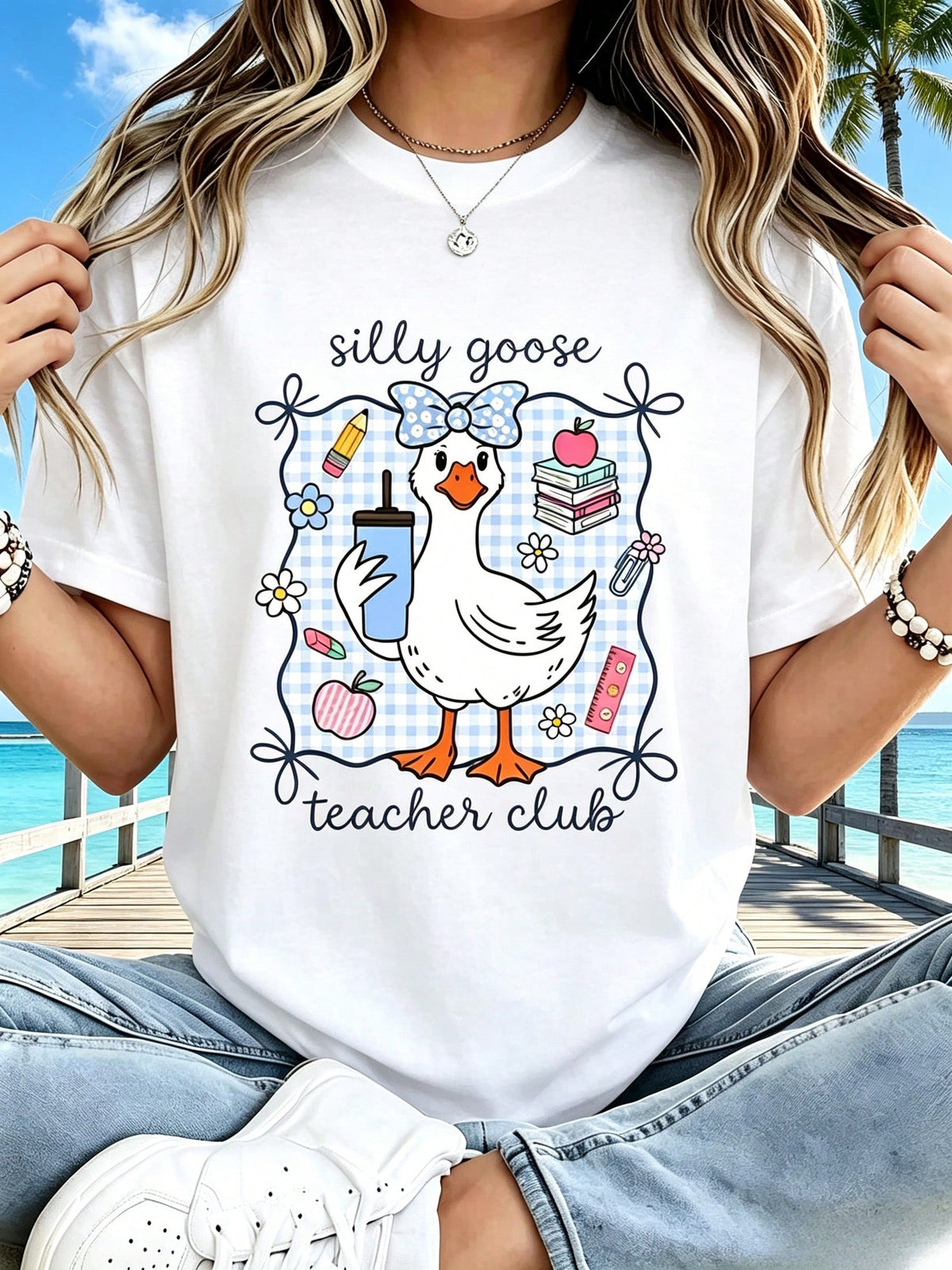 Teacher Club Crew Neck Tee, Silly Goose Print Short Sleeve Top, Teacher's Day & Back To School Casual Gift