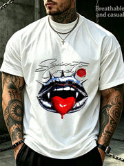 Men' S Spiked Lips Heart Print White TShirt, Crew Neck, Casual Cotton Tee, Medium Stretch Knit Fabric, Regular Fit For Man