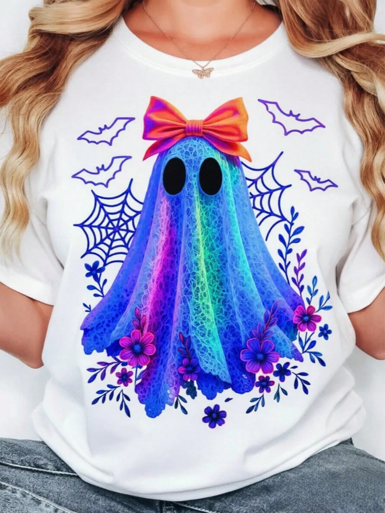 Women Halloween Ghost Doll Bow Letter Print Crew Neck Short Sleeve Tee