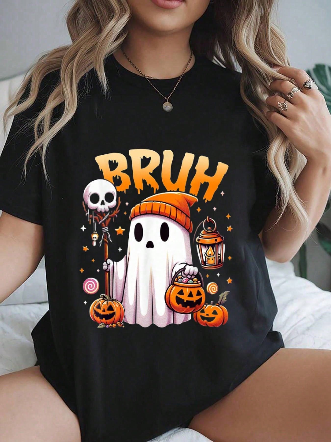 Women Halloween T-Shirt, Bruh Trendy Cool Ghost Pumpkin Trick Or Treat Spooky Season Casual Short Sleeve Tee