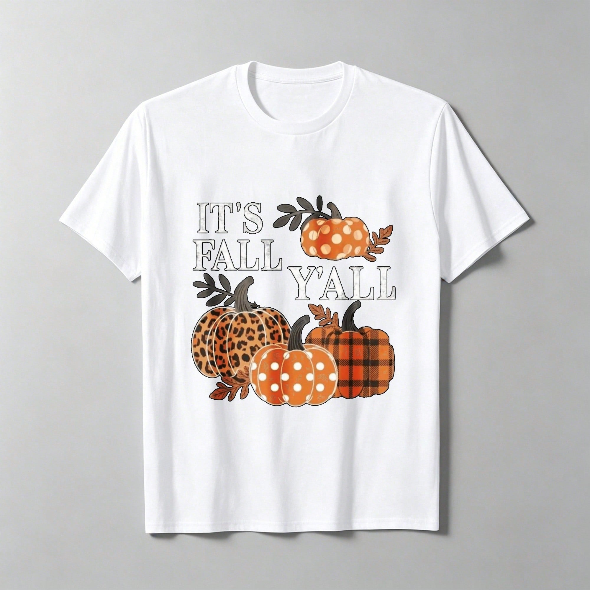Vintage Country Fall Pumpkin Graphic Tee, Women It's Fall Y'all Leopard Plaid Print Lightweight Short Sleeve Top, Cute Autumn Thanksgiving Holiday Gift Shirt