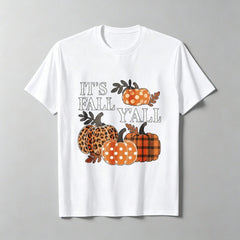 Vintage Country Fall Pumpkin Graphic Tee, Women It's Fall Y'all Leopard Plaid Print Lightweight Short Sleeve Top, Cute Autumn Thanksgiving Holiday Gift Shirt