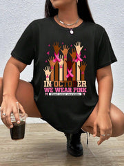 Hand In October We Wear Pink Breast Cancer Awareness Women T-Shirt Graphic Tees Women's Clohes 100% Cotton Perfect For Halloween
