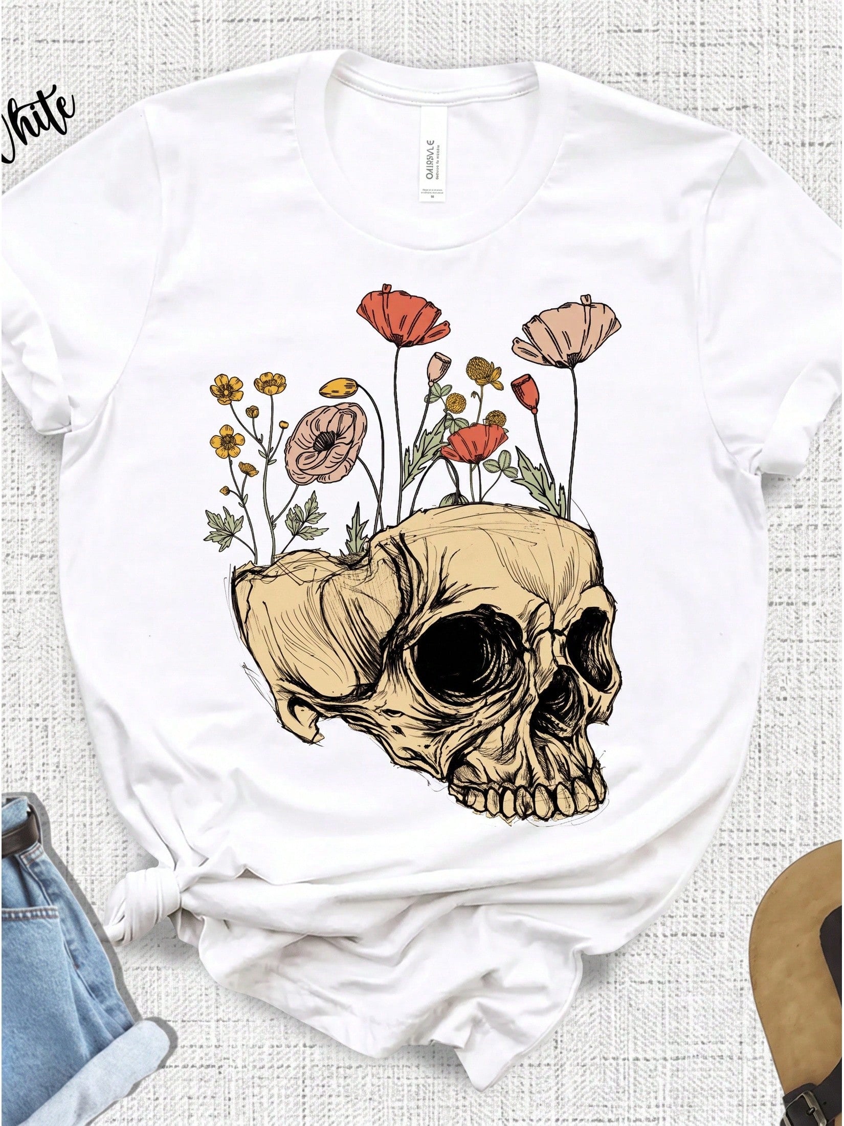 Vintage Skull Shirt With Flowers: Gothic Botanical Tee