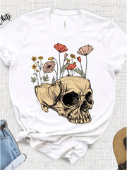 Vintage Skull Shirt With Flowers: Gothic Botanical Tee