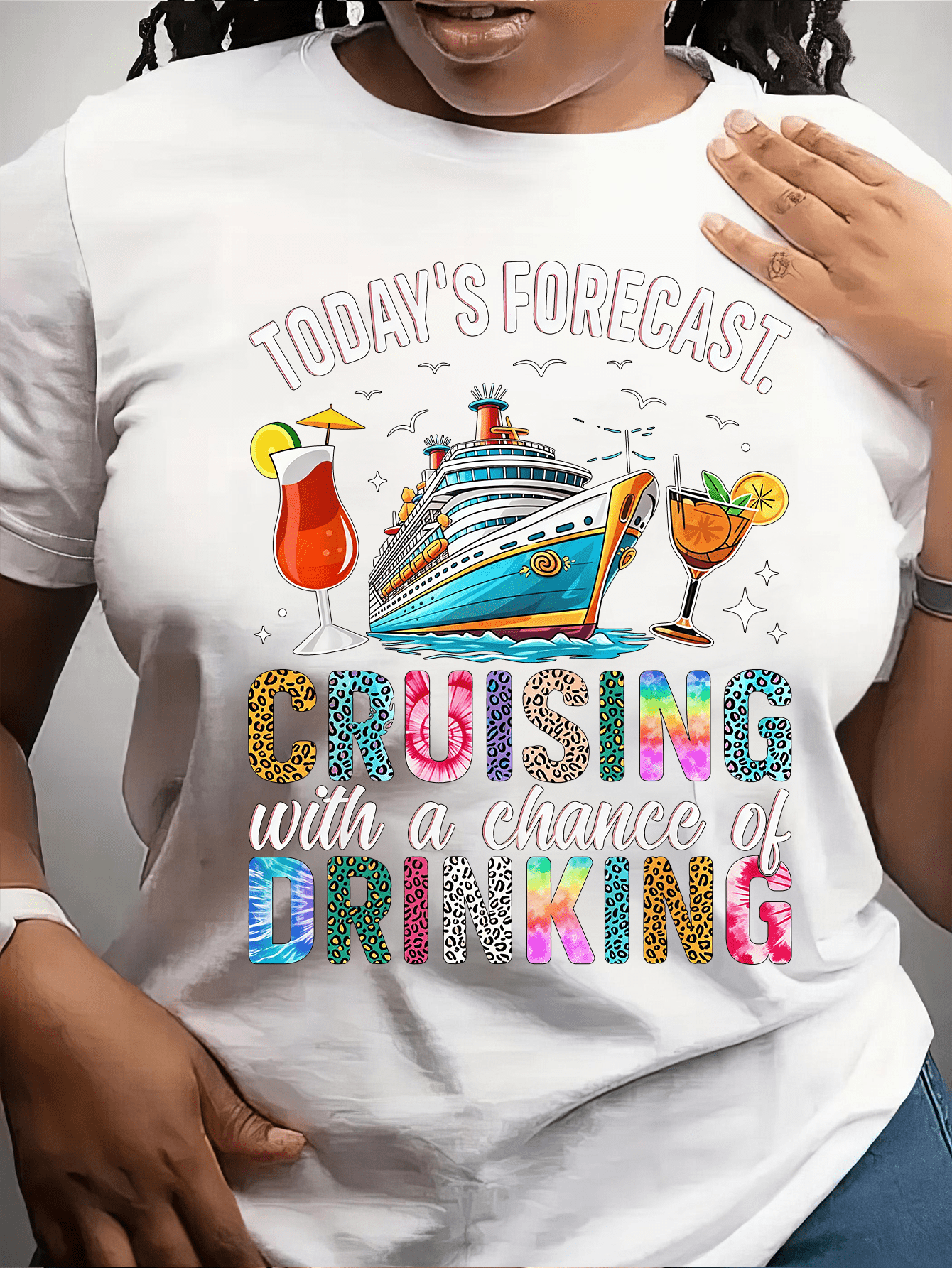 Today's Forecast Cruising With a Chance of Drinking T-Shirt, Women's Funny Cruise Vacation Graphic Tee, Cruise Ship Travel Shirt, Short Sleeve Crew Neck Top