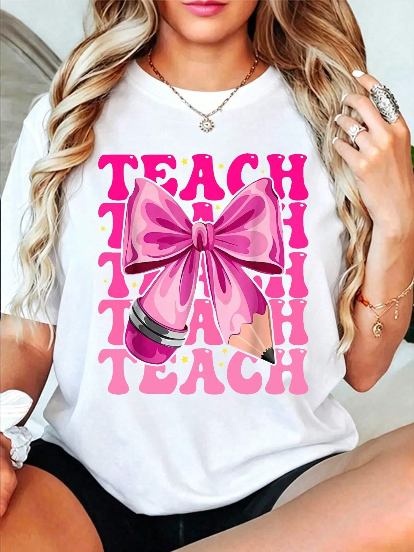 Groovy Teach Coquette Bow Teacher Women Girls Back To School T-Shirt Women's Men's Streetwear Graphic Tee