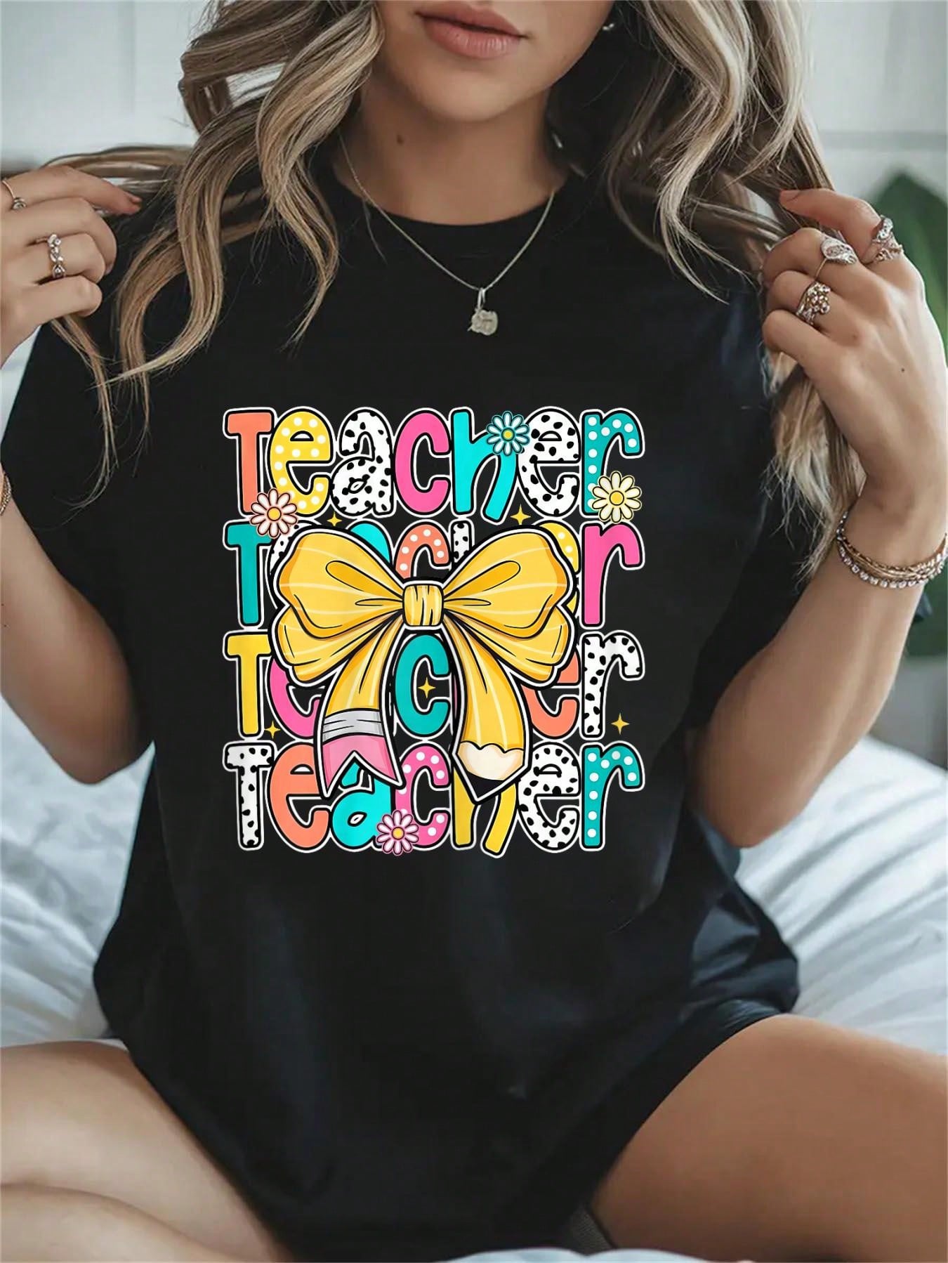 Groovy Teach Coquette Bow Teacher Women Girls Back To School T-Shirt Women's Men's Streetwear Graphic Tee