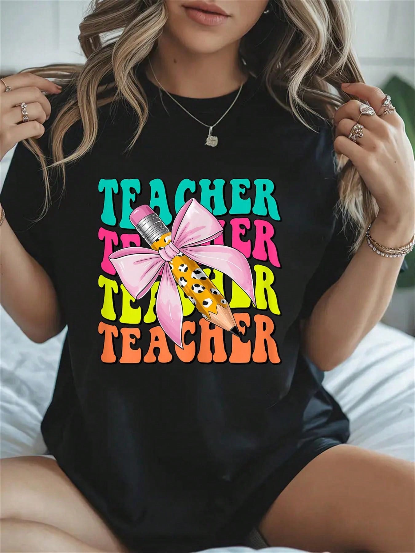 Groovy Teach Coquette Bow Teacher Women Girls Back To School T-Shirt Women's Men's Streetwear Graphic Tee