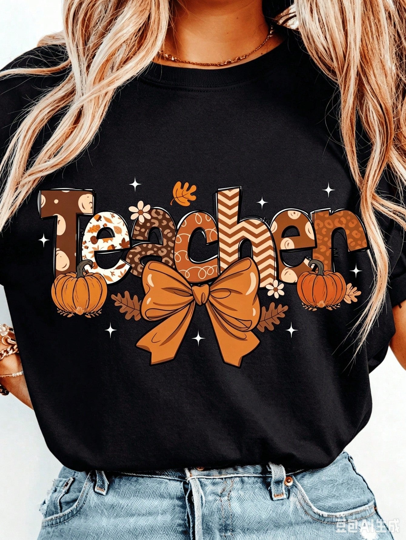 Fall Teacher Graphic T‑Shirt for Women, Leopard Pumpkin Bow Autumn Casual Short Sleeve Teacher Gift Tee