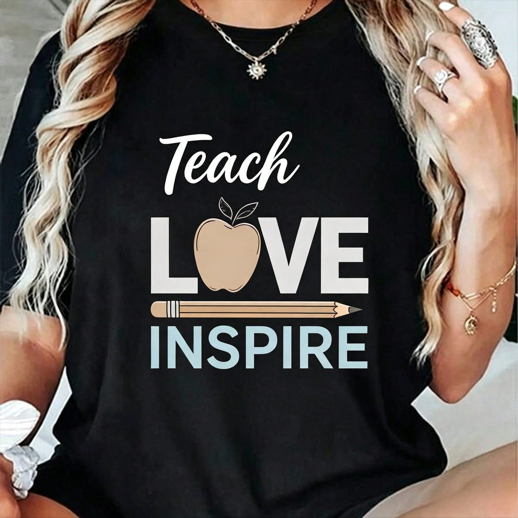 Teach Love Inspire T-Shirt Teacher Life Tee Back to School Apple Pencil Graphic Top