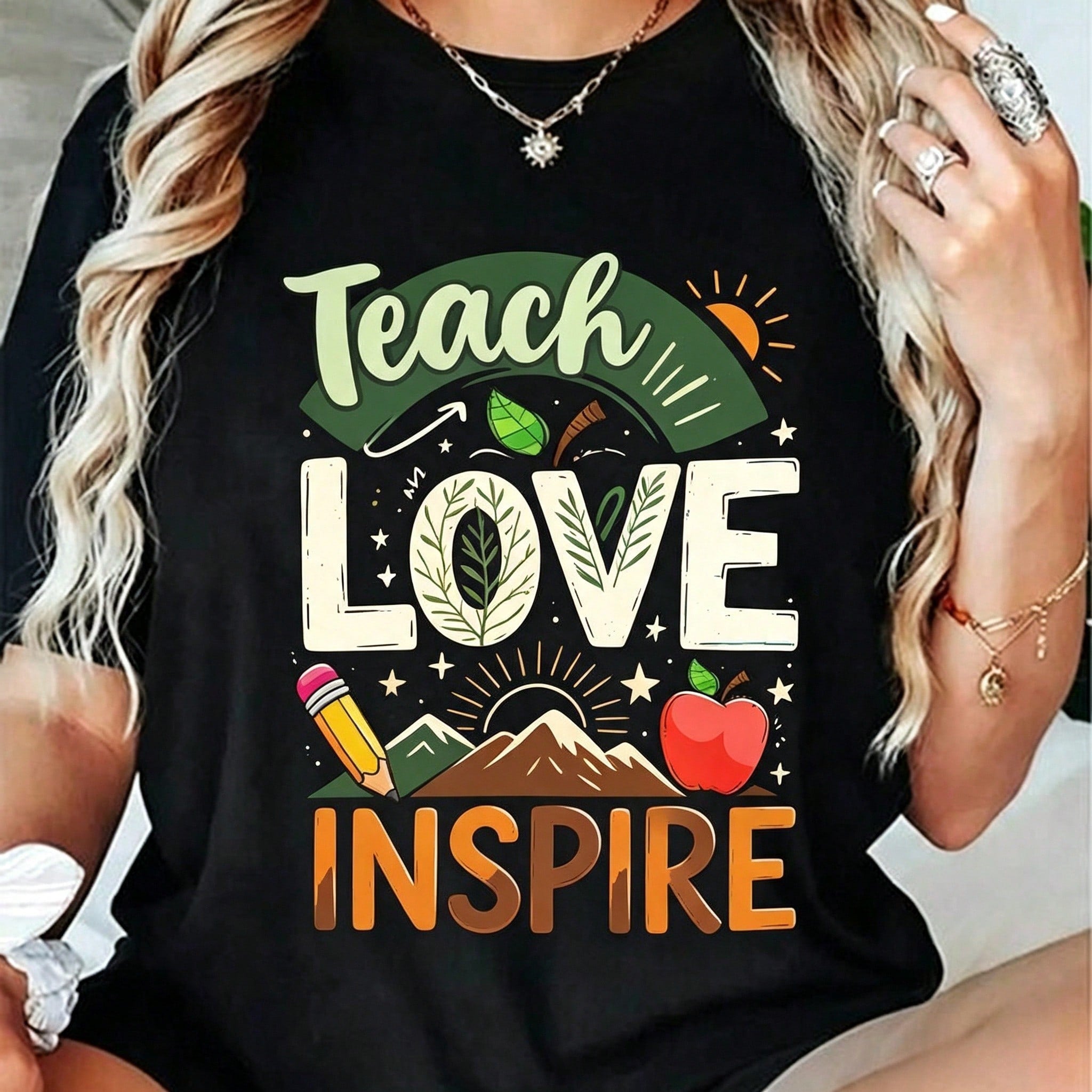 Teach Love Inspire T-Shirt Teacher Life Tee Back to School Apple Pencil Graphic Top