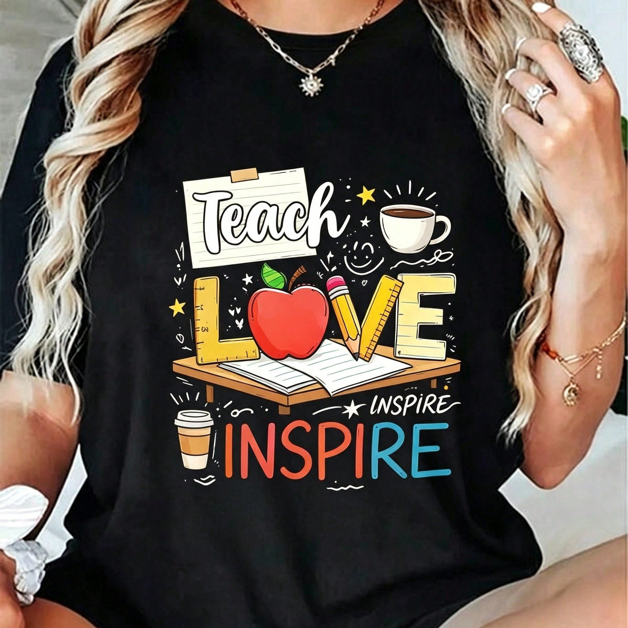 Teach Love Inspire T-Shirt Teacher Life Tee Back to School Apple Pencil Graphic Top