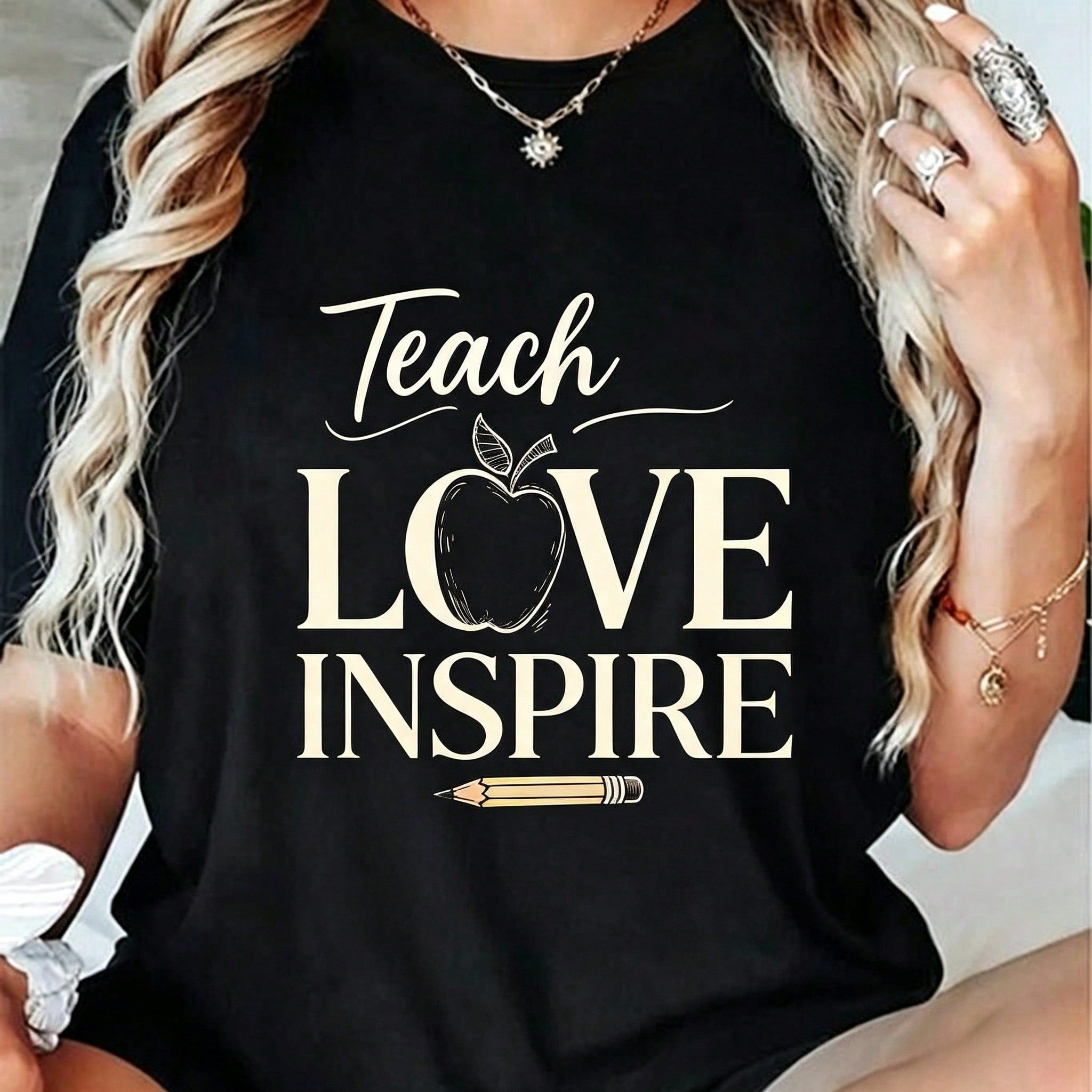 Teach Love Inspire T-Shirt Teacher Life Tee Back to School Apple Pencil Graphic Top