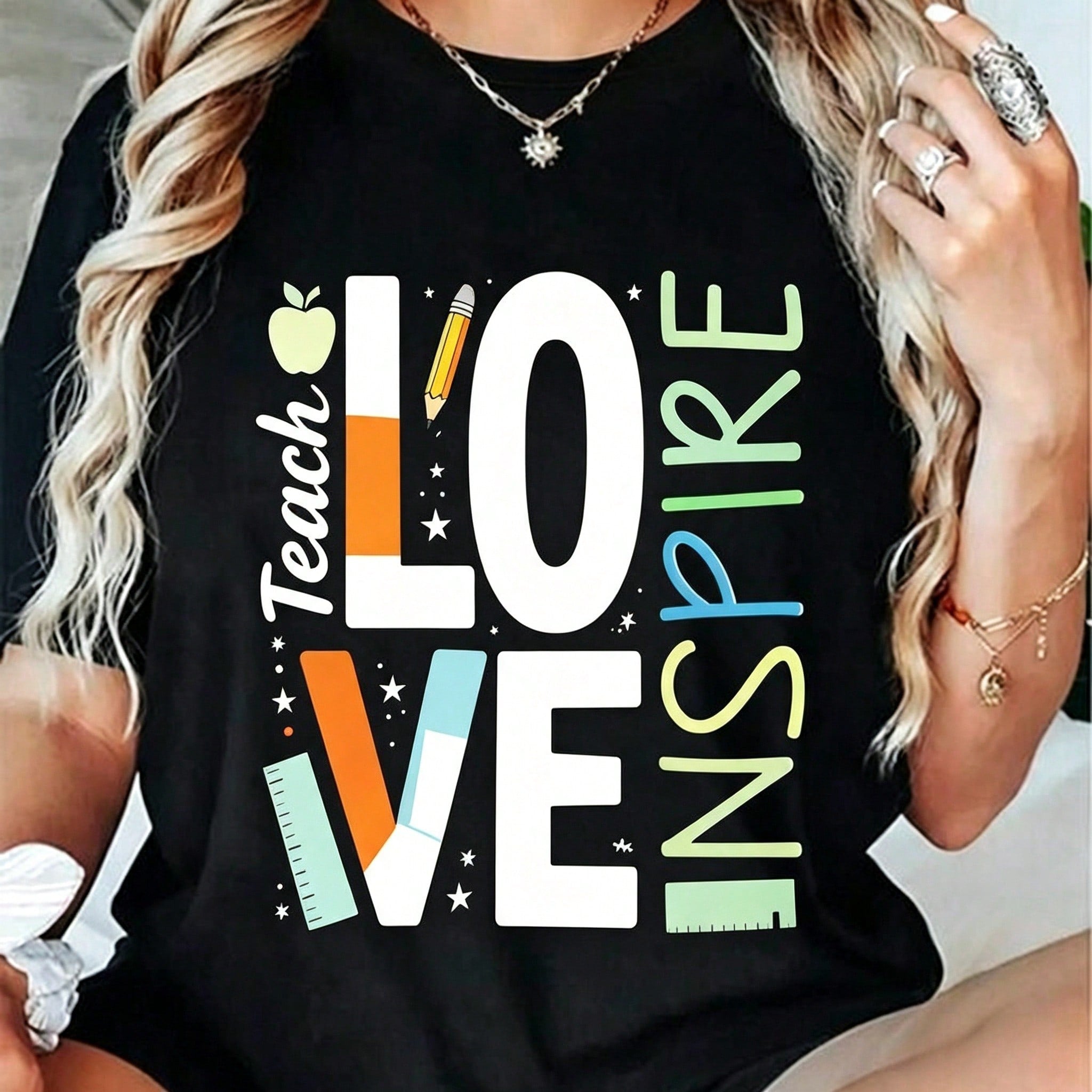 Teach Love Inspire T-Shirt Teacher Life Tee Back to School Apple Pencil Graphic Top