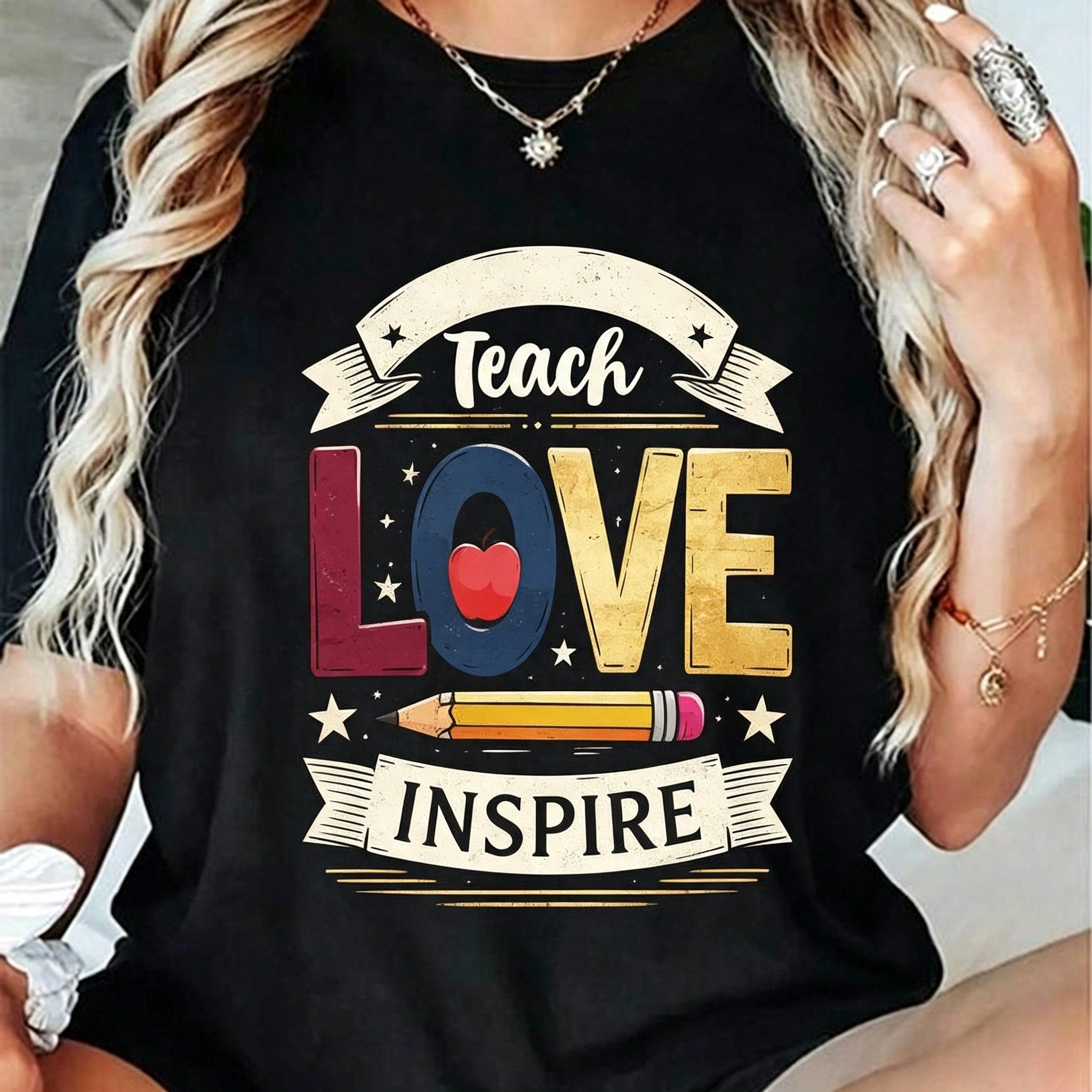 Teach Love Inspire T-Shirt Teacher Life Tee Back to School Apple Pencil Graphic Top