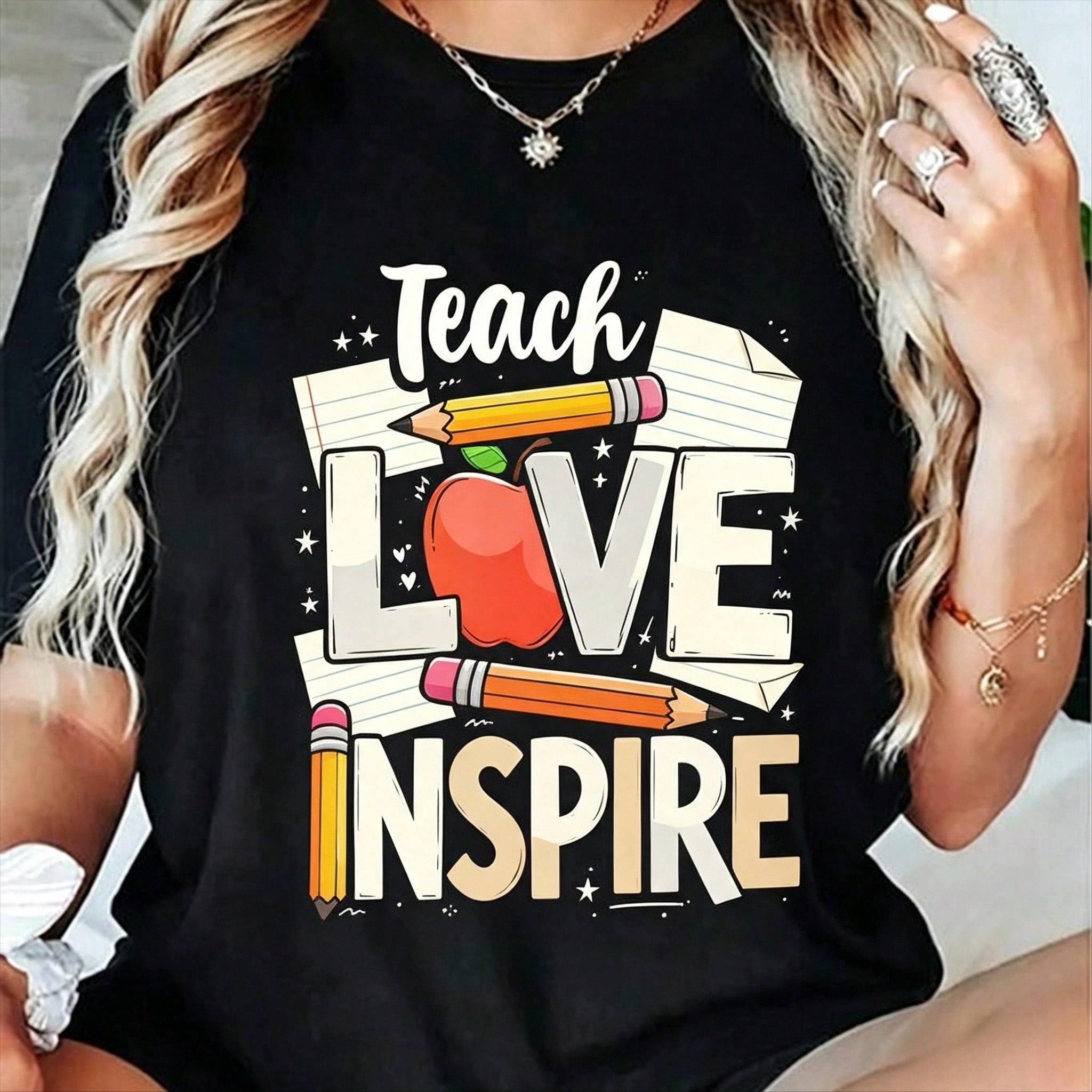 Teach Love Inspire T-Shirt Teacher Life Tee Back to School Apple Pencil Graphic Top