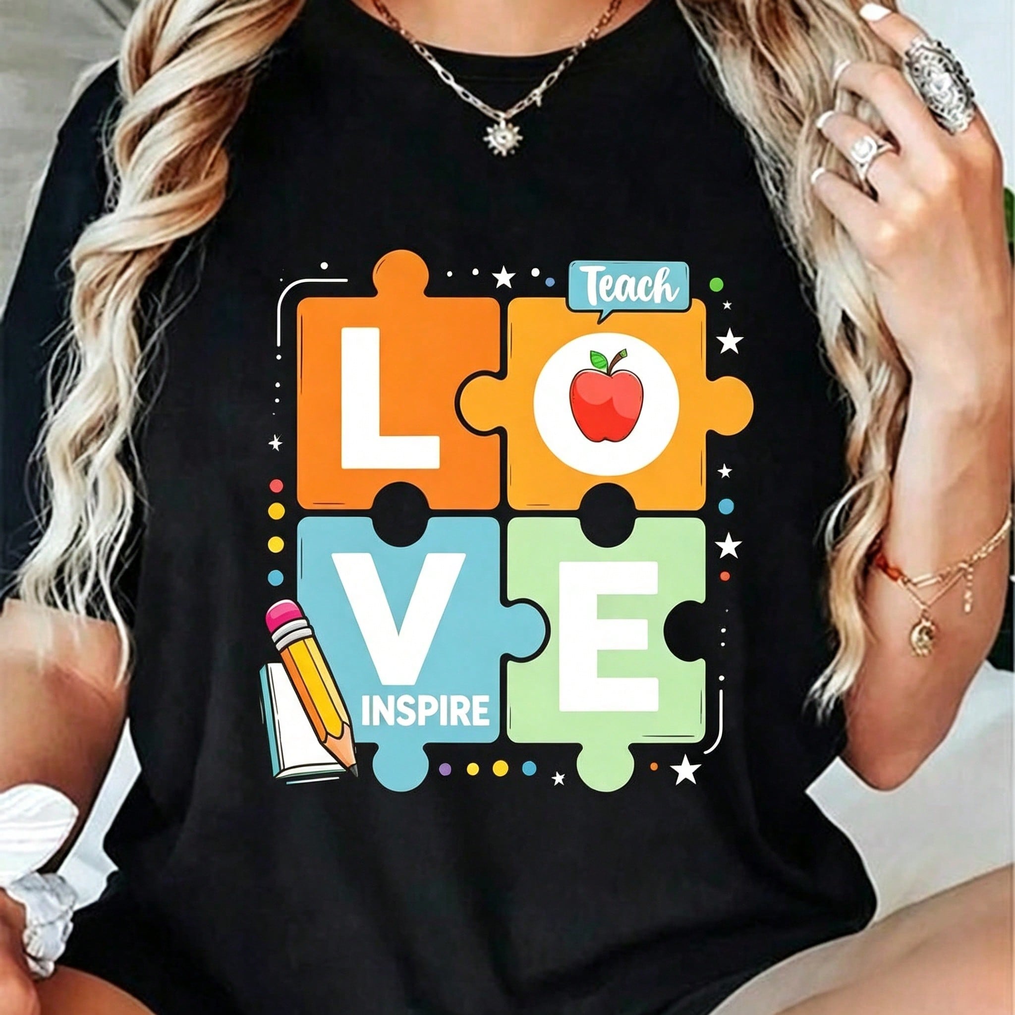 Teach Love Inspire T-Shirt Teacher Life Tee Back to School Apple Pencil Graphic Top