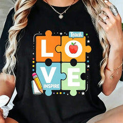 Teach Love Inspire T-Shirt Teacher Life Tee Back to School Apple Pencil Graphic Top