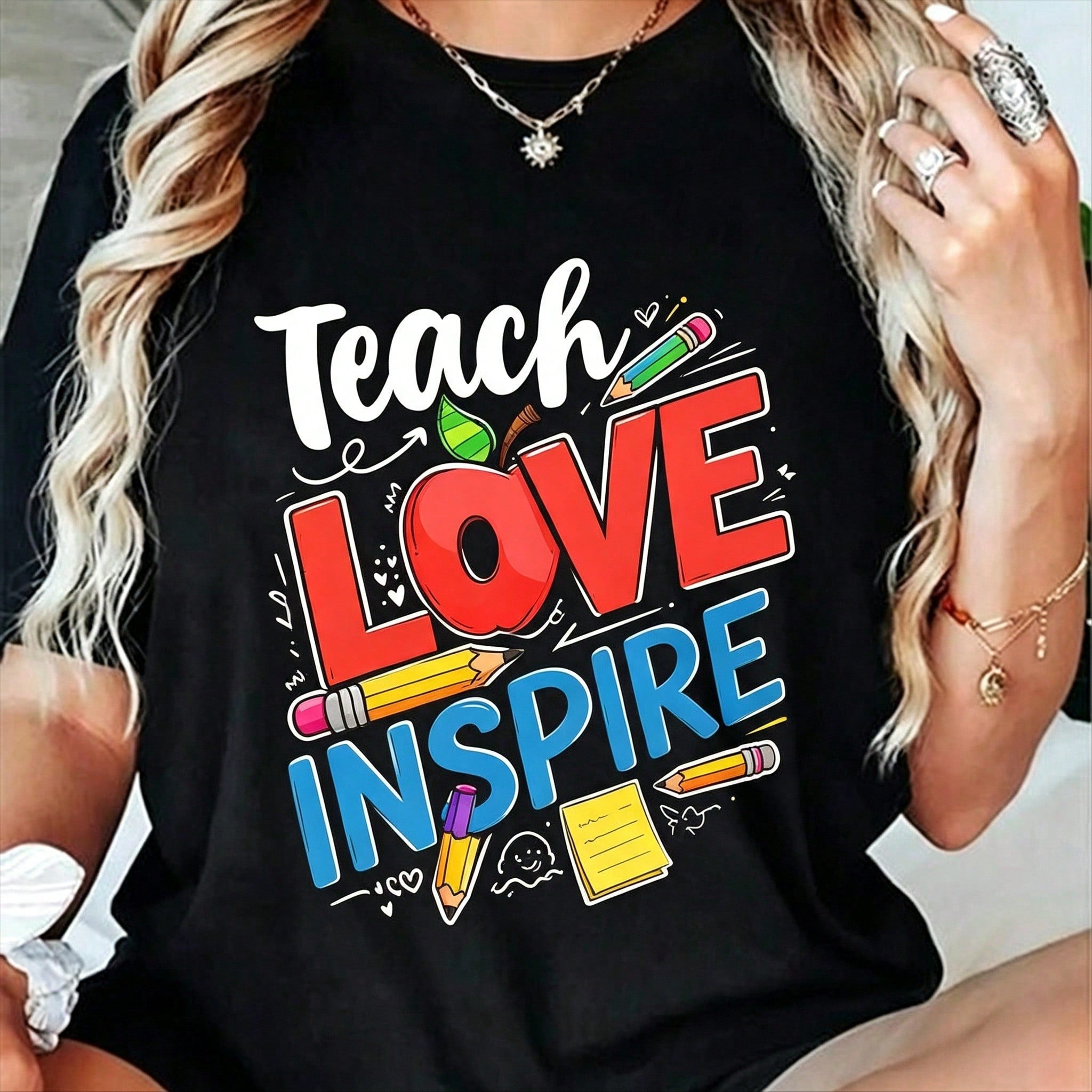 Teach Love Inspire T-Shirt Teacher Life Tee Back to School Apple Pencil Graphic Top