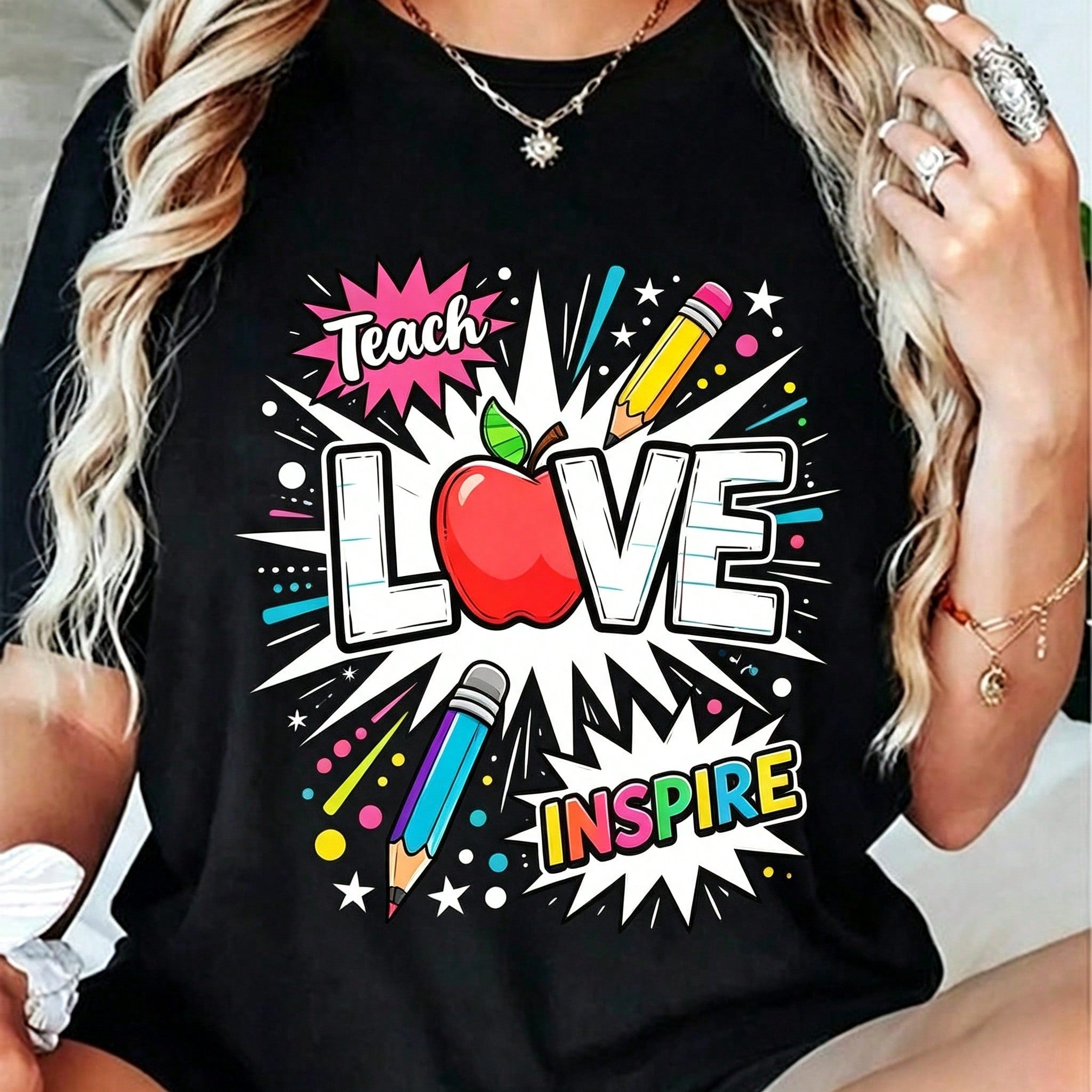 Teach Love Inspire T-Shirt Teacher Life Tee Back to School Apple Pencil Graphic Top