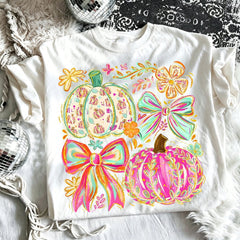 Neon Ghost Bow Graphic Tee Checkerboard Halloween Pumpkin Bucket Print Top