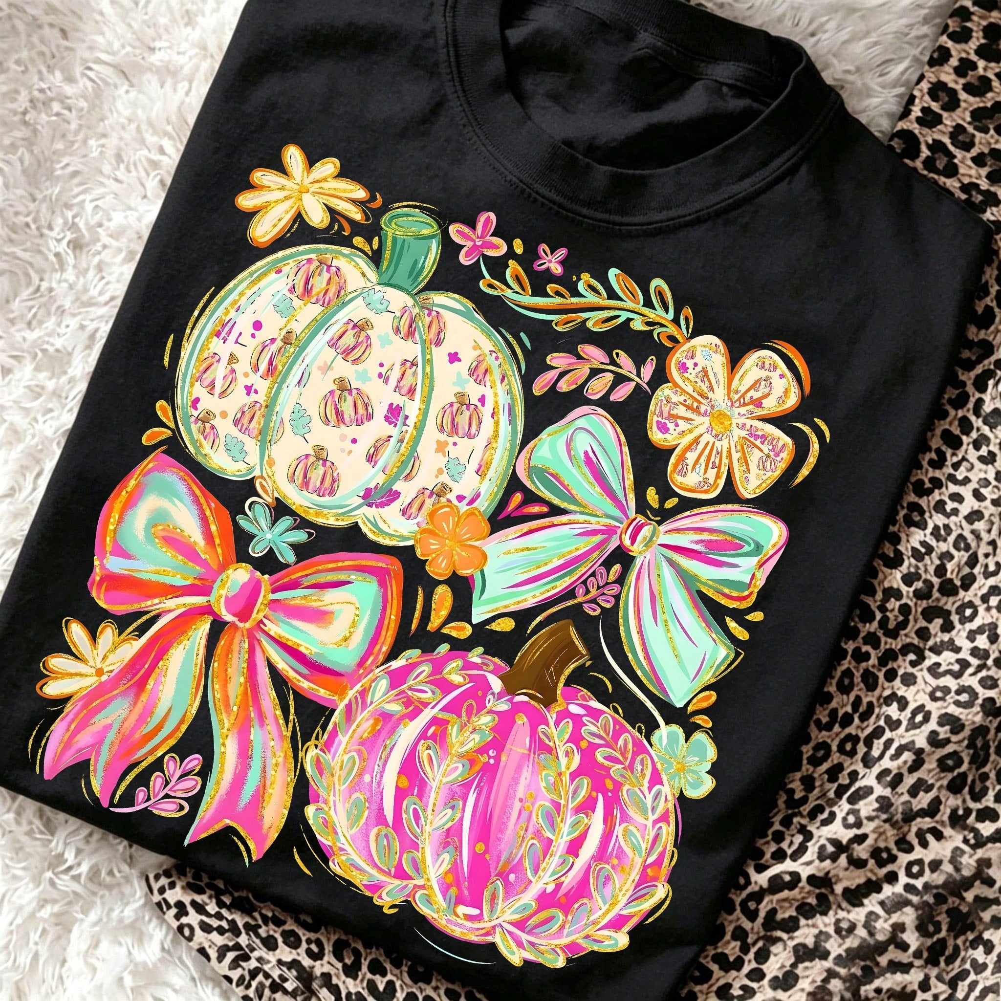 Neon Ghost Bow Graphic Tee Checkerboard Halloween Pumpkin Bucket Print Top