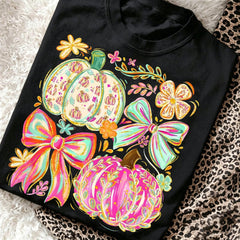 Neon Ghost Bow Graphic Tee Checkerboard Halloween Pumpkin Bucket Print Top