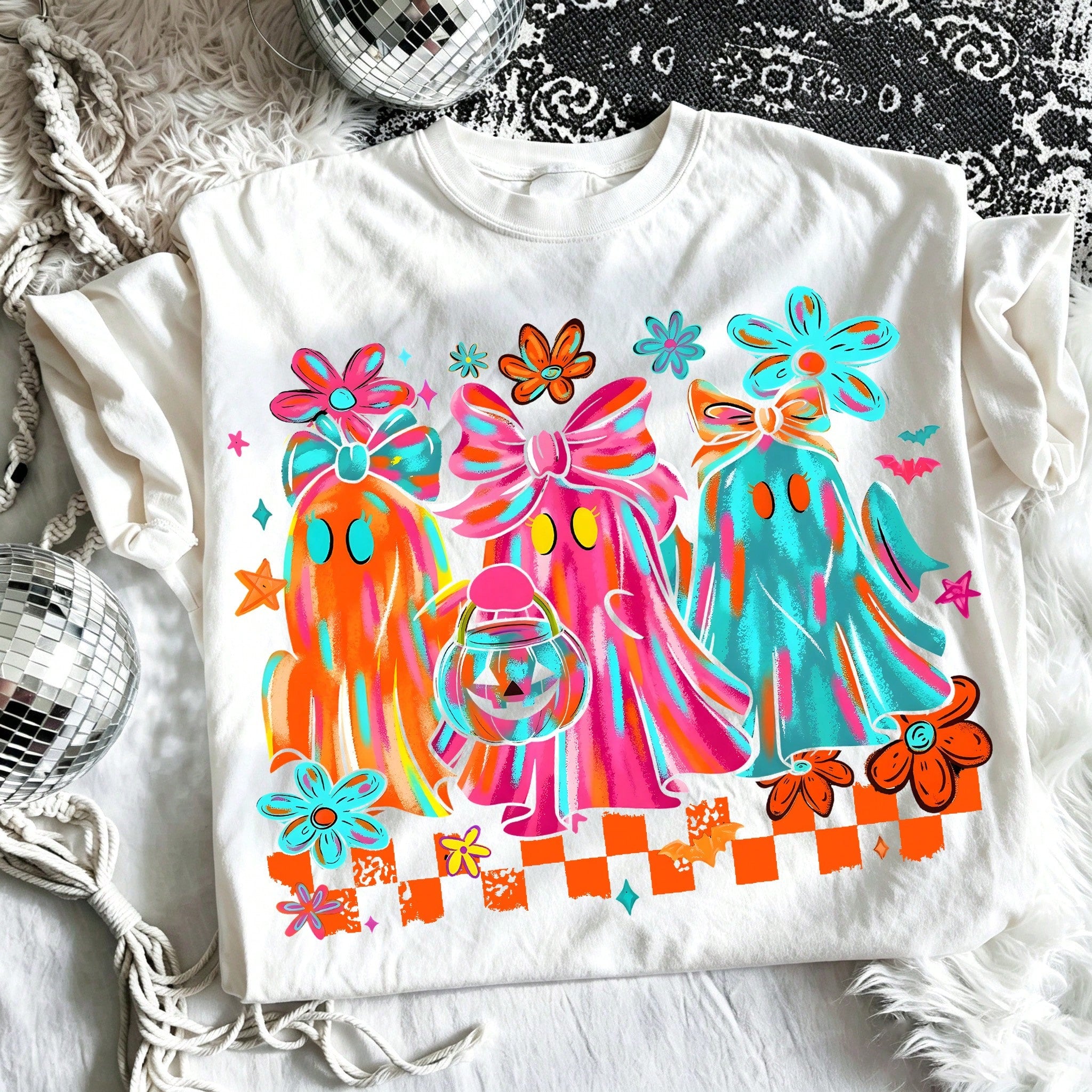 Neon Ghost Bow Graphic Tee Checkerboard Halloween Pumpkin Bucket Print Top