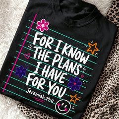 Christian Faith Jeremiah 29:11 Graphic T-Shirt for Women, Floral Smiley Notebook Print Soft Cotton Tee, Inspirational Religious Blessed Teacher Back To School Casual Top