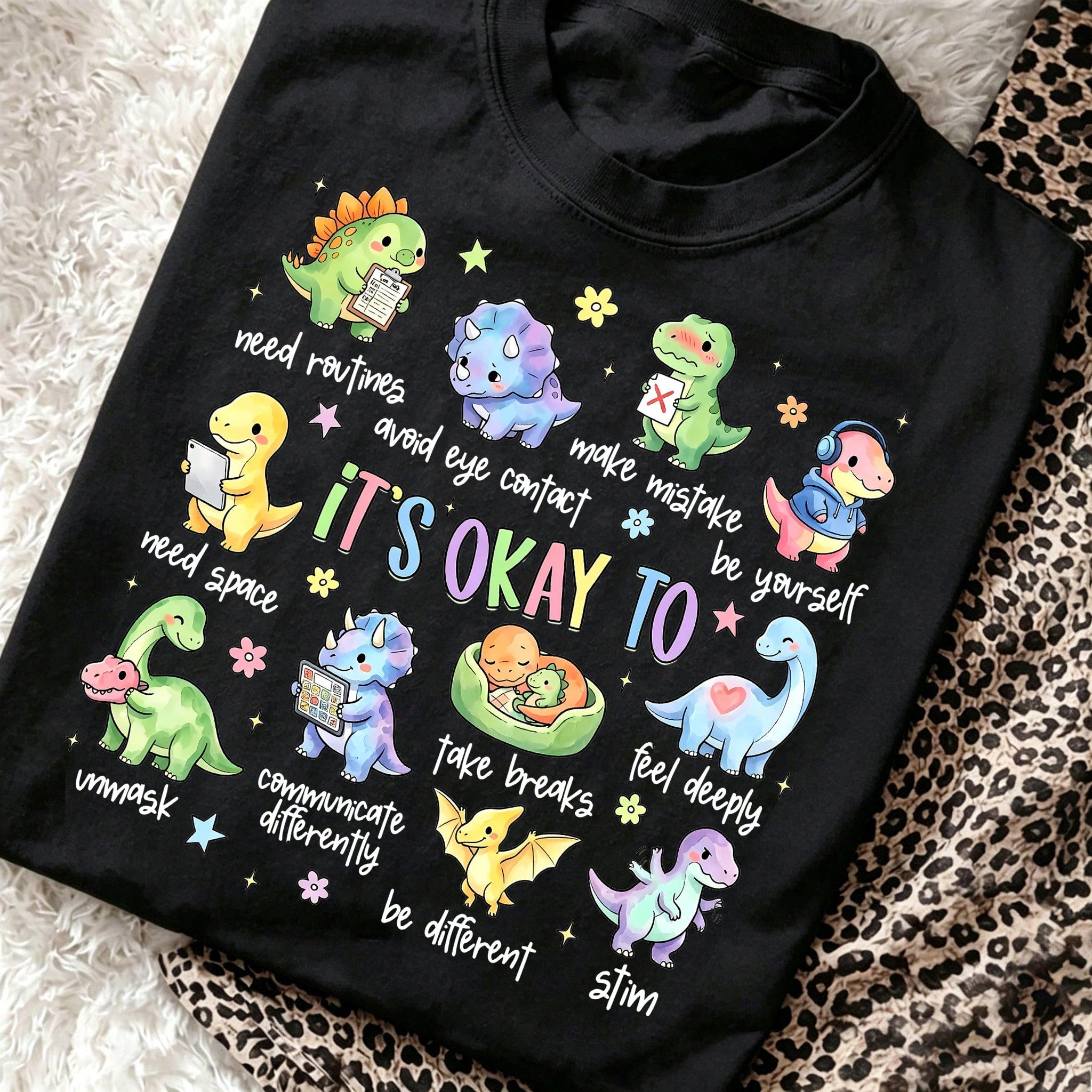 It's Okay To Be Different T-Shirt Neurodiversity Autism ADHD Dinosaur Tee