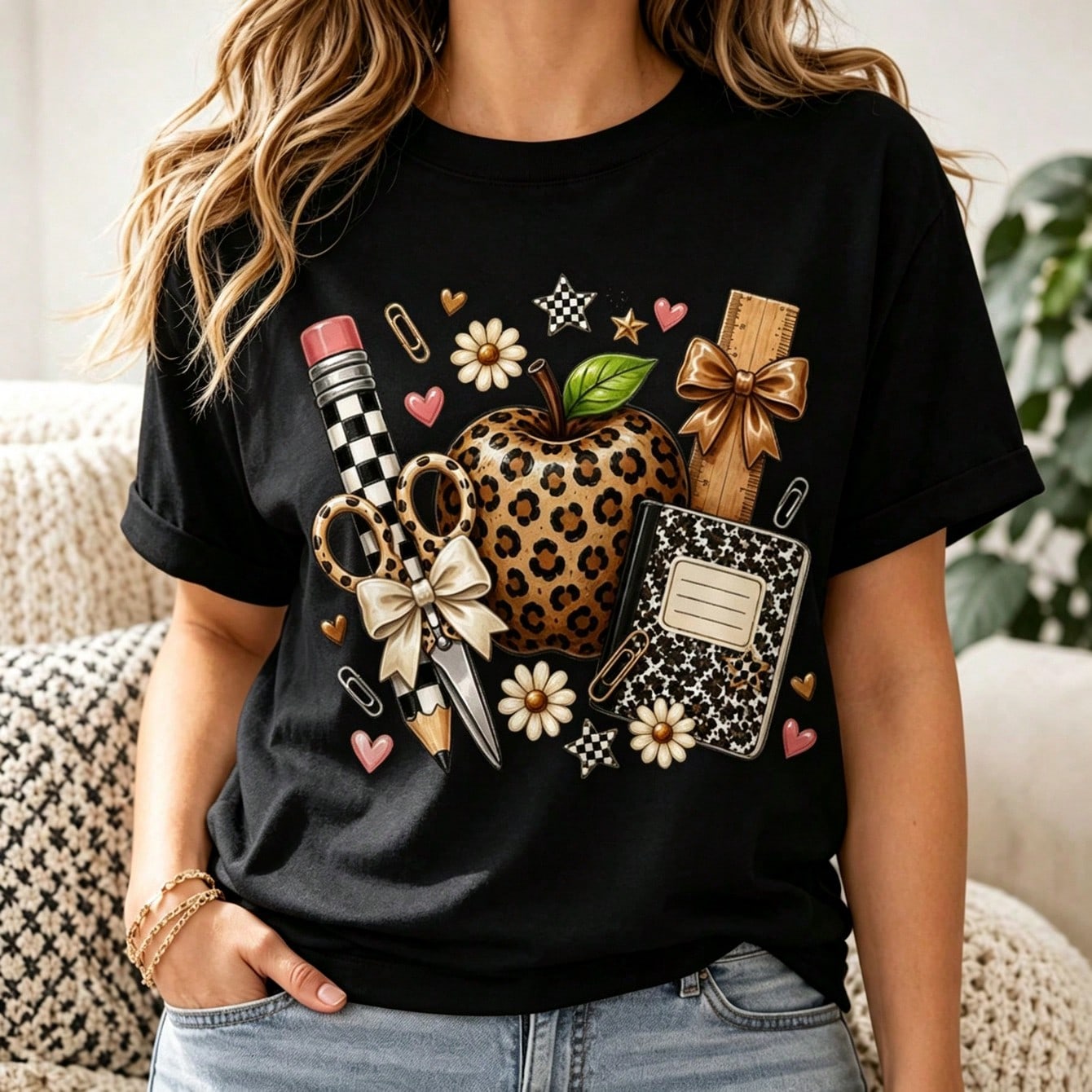 Teacher Leopard Apple School Supply Graphic T‑Shirt for Women, Back to School Casual Short Sleeve Educator Gift Tee