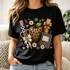 Teacher Leopard Apple School Supply Graphic T‑Shirt for Women, Back to School Casual Short Sleeve Educator Gift Tee