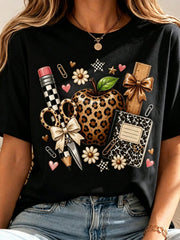 Teacher Leopard Apple School Supply Graphic T‑Shirt for Women, Back to School Casual Short Sleeve Educator Gift Tee