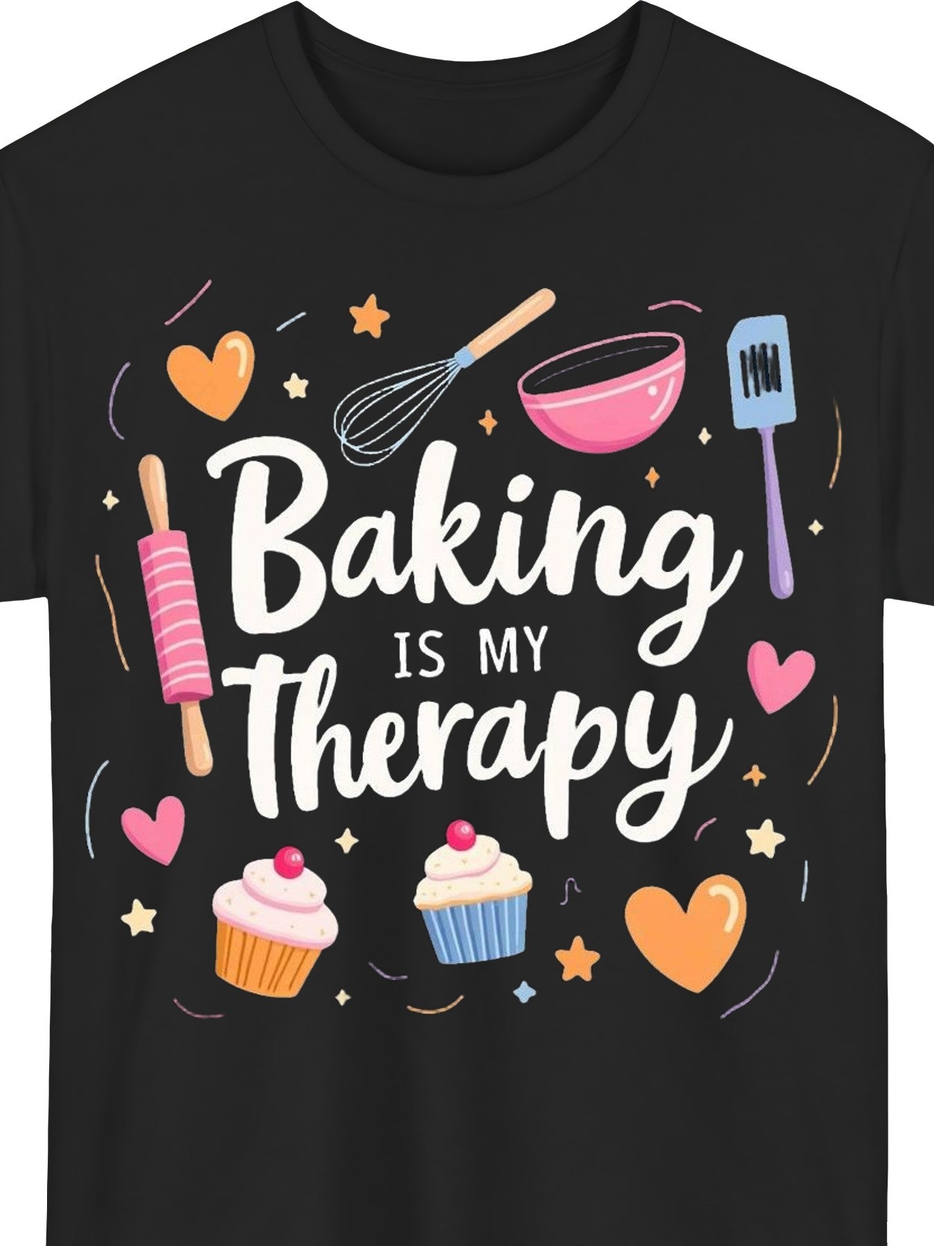 Baking Is My Therapy Graphic Tee for Women, Cute Cupcake Baking Tools Print Short Sleeve T-Shirt, Soft Casual Crew Neck Top for Spring Summer Fall Baking Lover Gift
