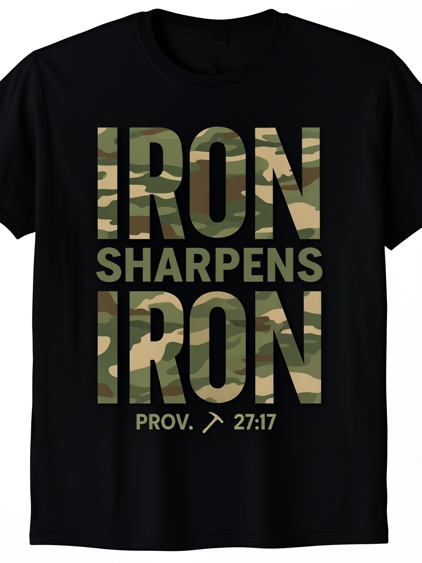 Christian Men's Camo Workout TShirt Featuring The Phrase 'Iron Sharpens Iron' Made