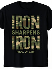 Christian Men's Camo Workout TShirt Featuring The Phrase 'Iron Sharpens Iron' Made