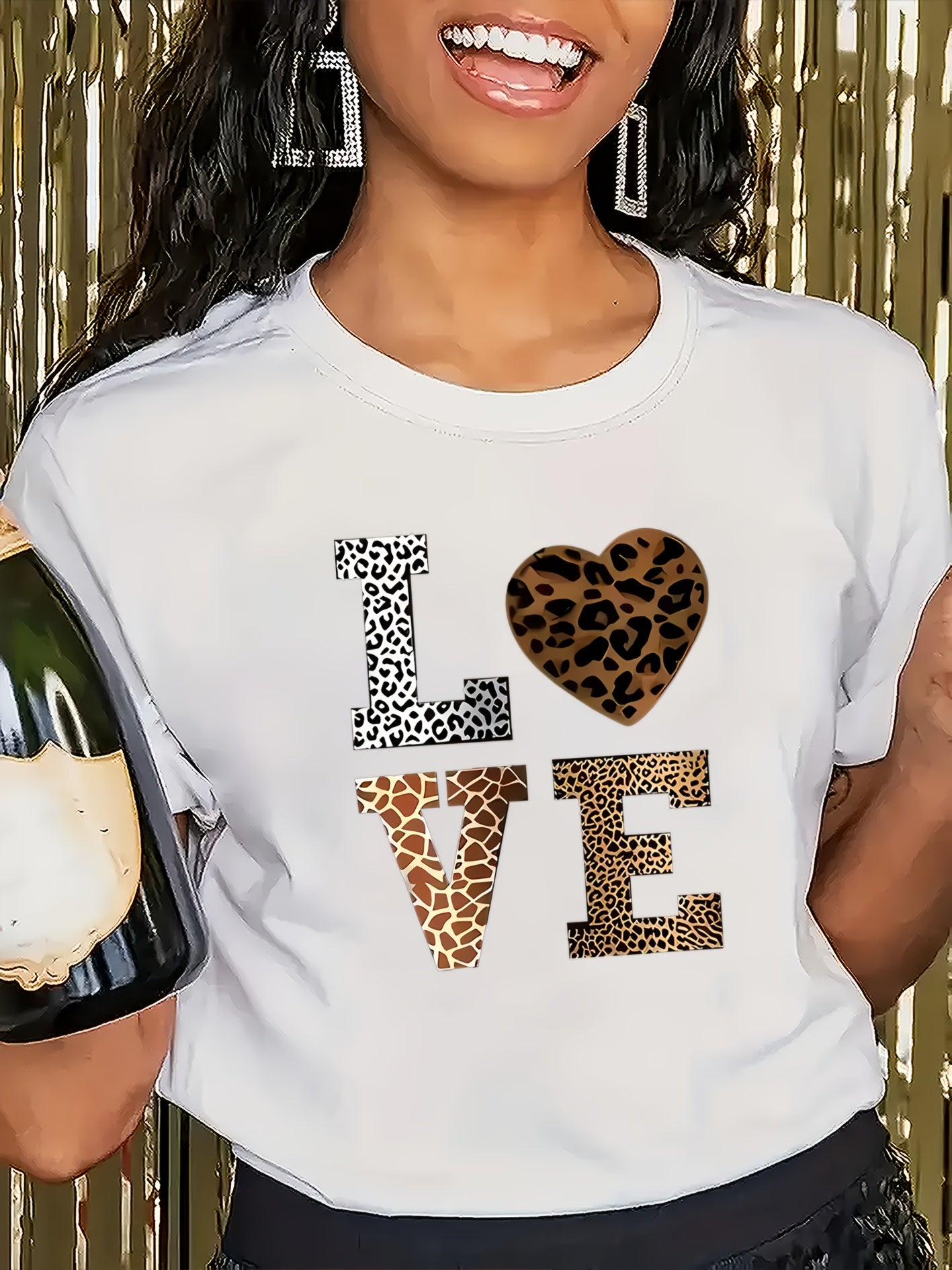Women's Casual LOVE Graphic T-Shirt with Leopard Print & Heart Design - Stretchy Round Neck Short Sleeve Top