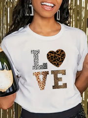 Women's Casual LOVE Graphic T-Shirt with Leopard Print & Heart Design - Stretchy Round Neck Short Sleeve Top