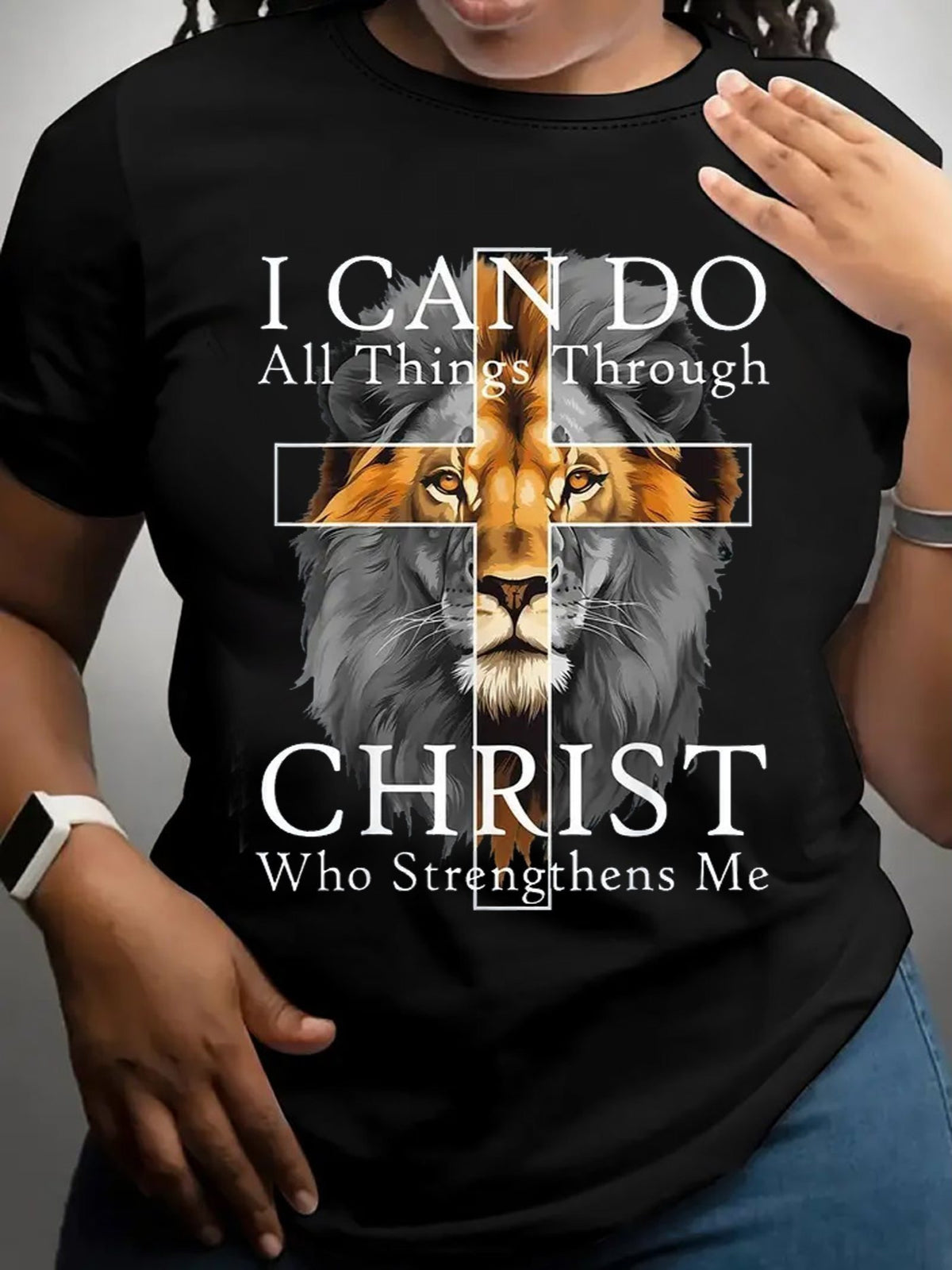 Women's I Can Do All Things Through Christ Graphic T‑Shirt, Lion Cross Bible Verse Short Sleeve Crew Neck Casual Tee